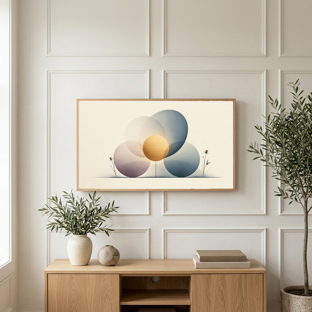 Abstract circles art on a TV above a light oak sideboard with olive branches in a bright living room