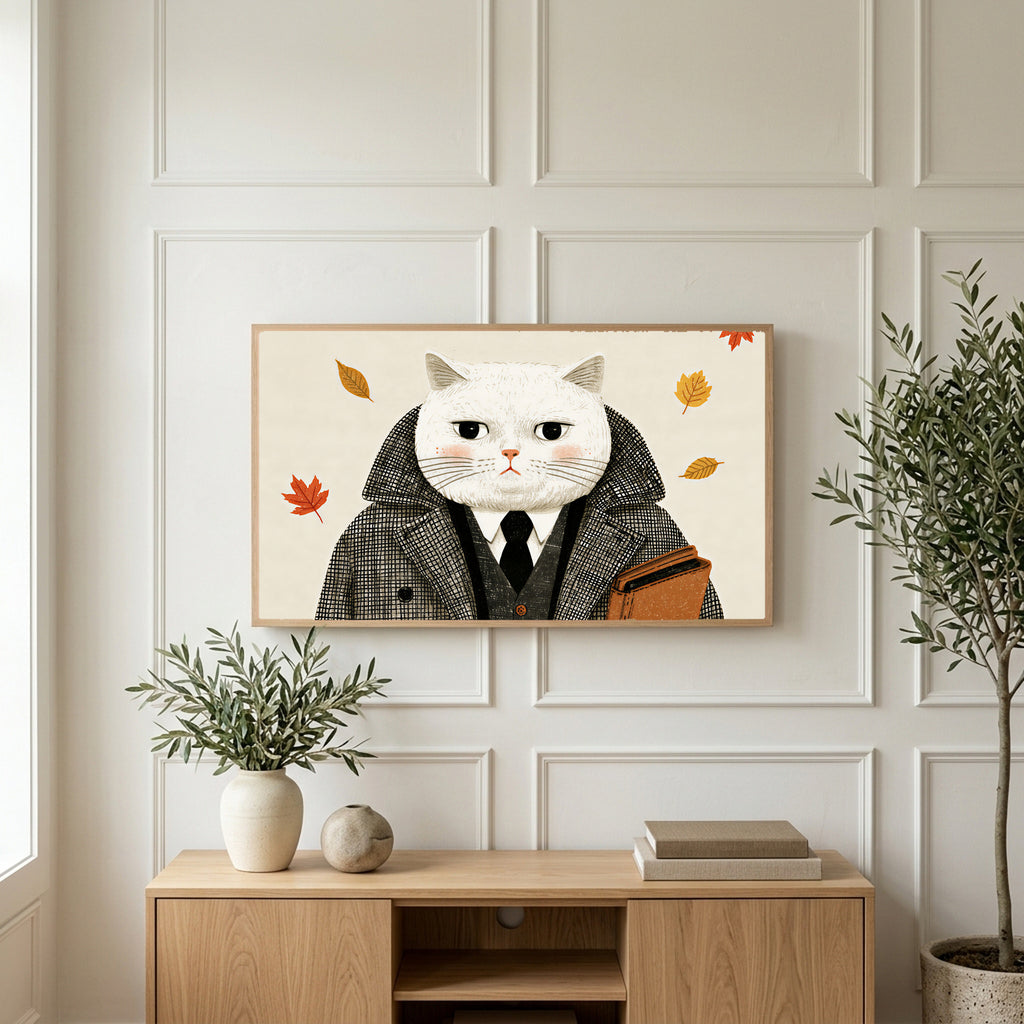 Gentleman cat art on a TV above a light oak sideboard with olive branches in a bright living room