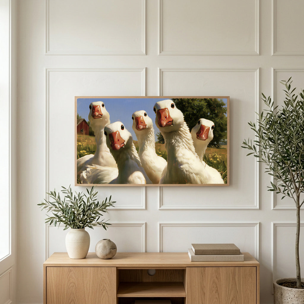 Curious white geese art on a TV above a light oak sideboard with olive branches in a bright living room