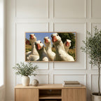 Curious white geese art on a TV above a light oak sideboard with olive branches in a bright living room
