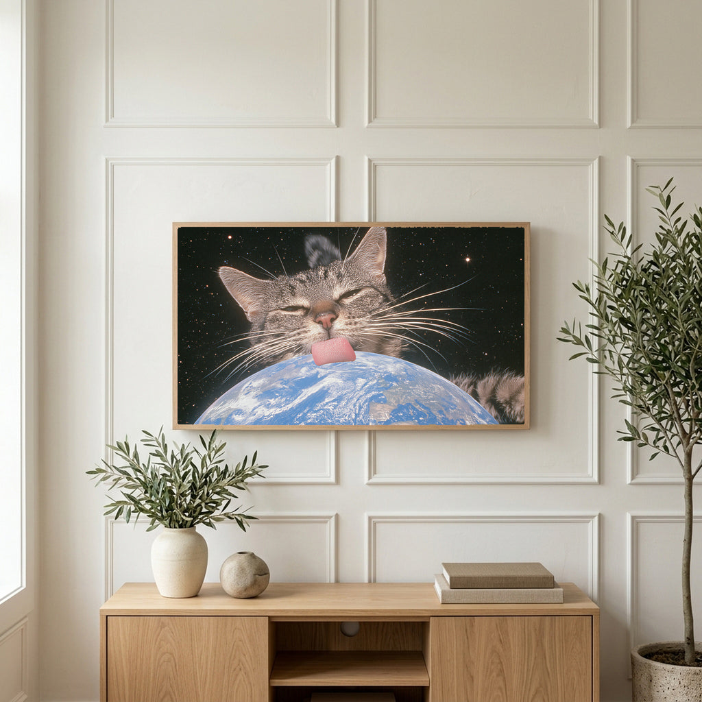Space cat art on a TV above a light oak sideboard with olive branches in a bright living room