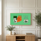 Grumpy doodle faces art on a TV above a light oak sideboard with olive branches in a bright living room
