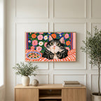 Pasta cat art on a TV above a light oak sideboard with olive branches in a bright living room