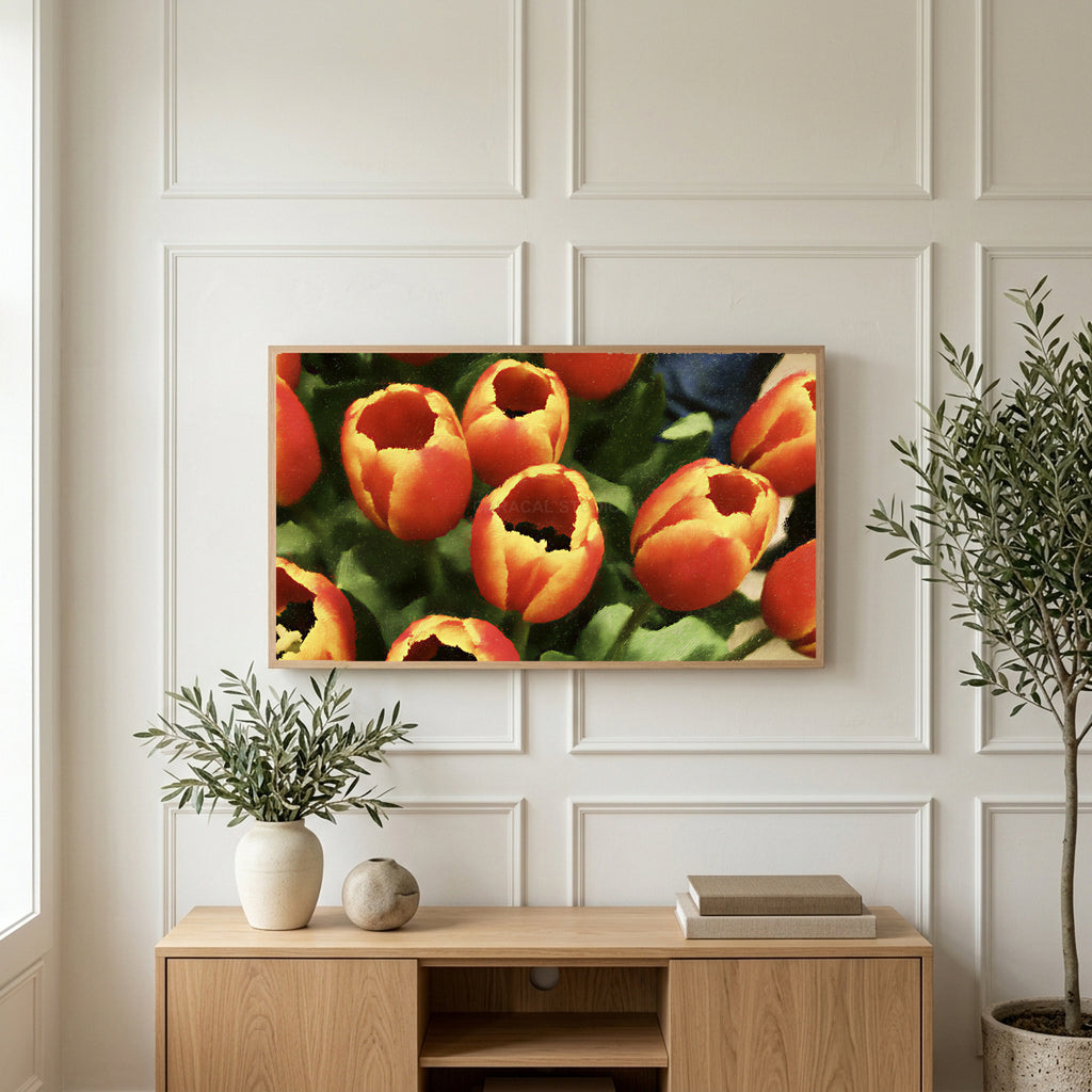 Orange tulip bouquet art on a TV above a light oak sideboard with olive branches in a bright living room