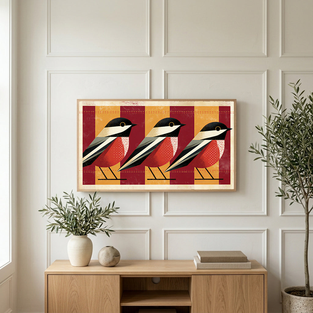Geometric birds art on a TV above a light oak sideboard with olive branches in a bright living room