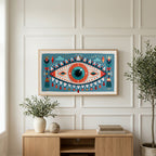 Folk art mystic eye art on a TV above a light oak sideboard with olive branches in a bright living room