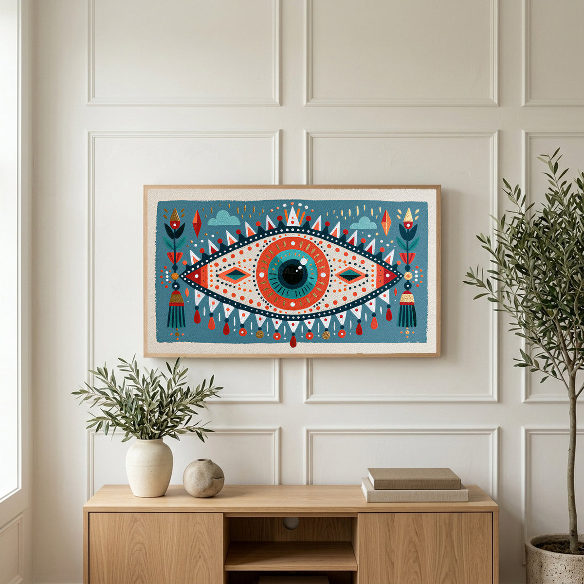 Folk art mystic eye art on a TV above a light oak sideboard with olive branches in a bright living room