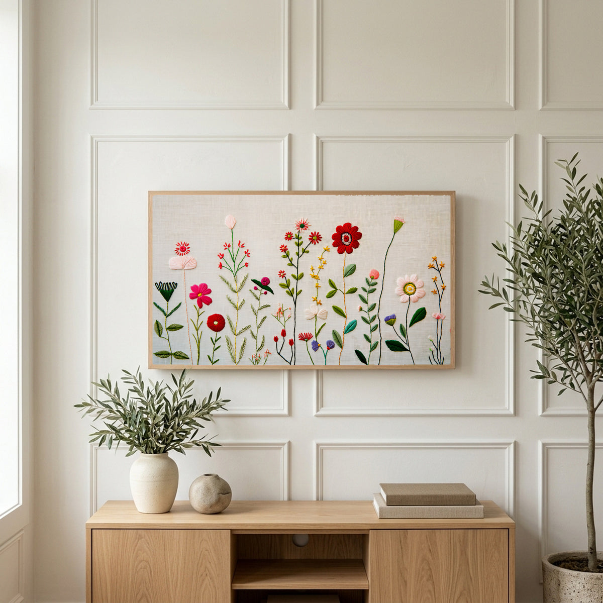 Embroidery style wildflower art on a TV above a light oak sideboard with olive branches in a bright living room