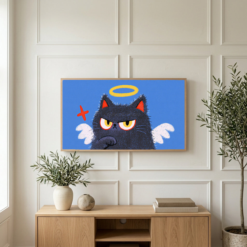 Angel kitten art on a TV above a light oak sideboard with olive branches in a bright living room