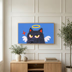 Angel kitten art on a TV above a light oak sideboard with olive branches in a bright living room