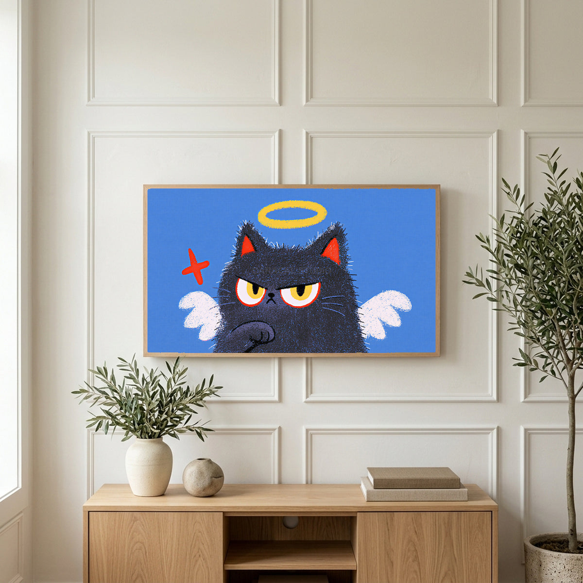 Angel kitten art on a TV above a light oak sideboard with olive branches in a bright living room