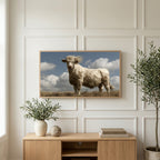 Windswept cow art on a TV above a light oak sideboard with olive branches in a bright living room