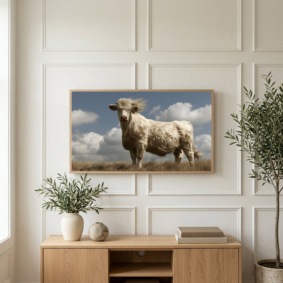 Windswept cow art on a TV above a light oak sideboard with olive branches in a bright living room
