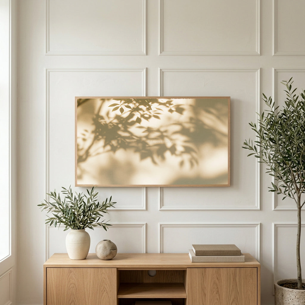 Leaf shadow art on a TV above a light oak sideboard with olive branches in a bright living room