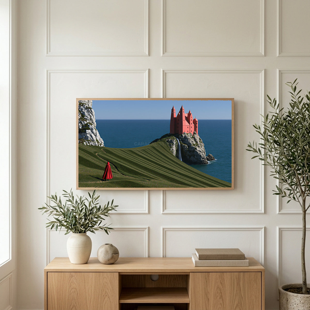 Sea cliff castle art on a TV above a light oak sideboard with olive branches in a bright living room