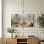 Misty meadow art on a TV above a light oak sideboard with olive branches in a bright living room