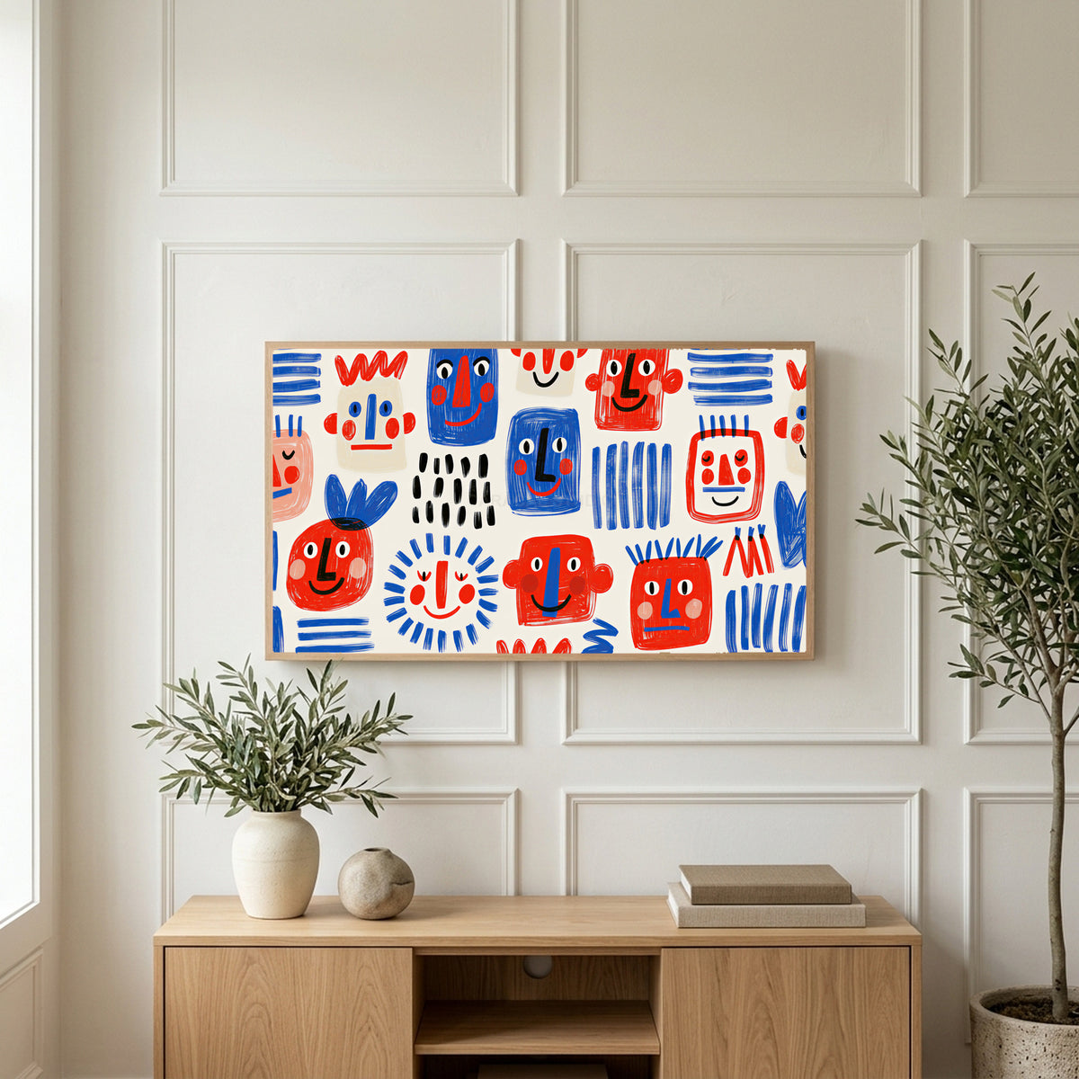 Doodle faces art on a TV above a light oak sideboard with olive branches in a bright living room