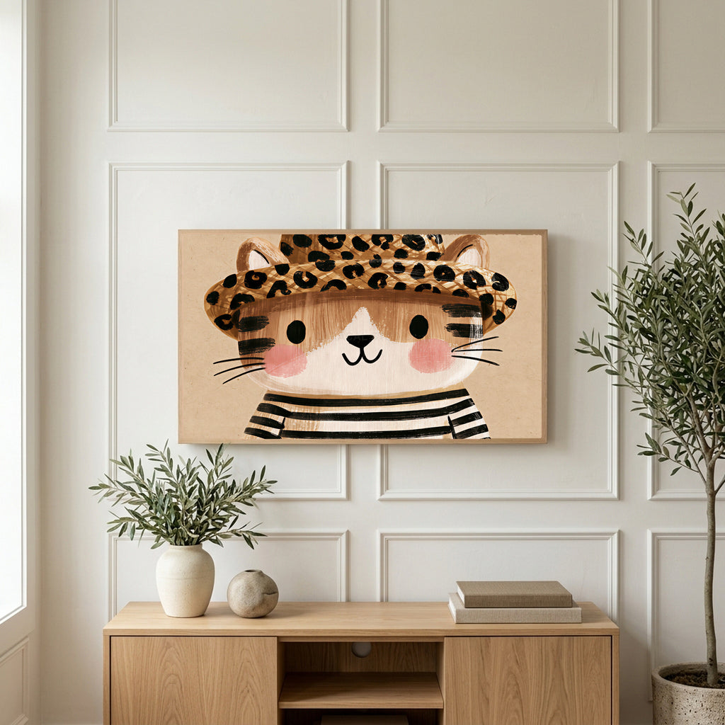 Kitten in a leopard hat art on a TV above a light oak sideboard with olive branches in a bright living room
