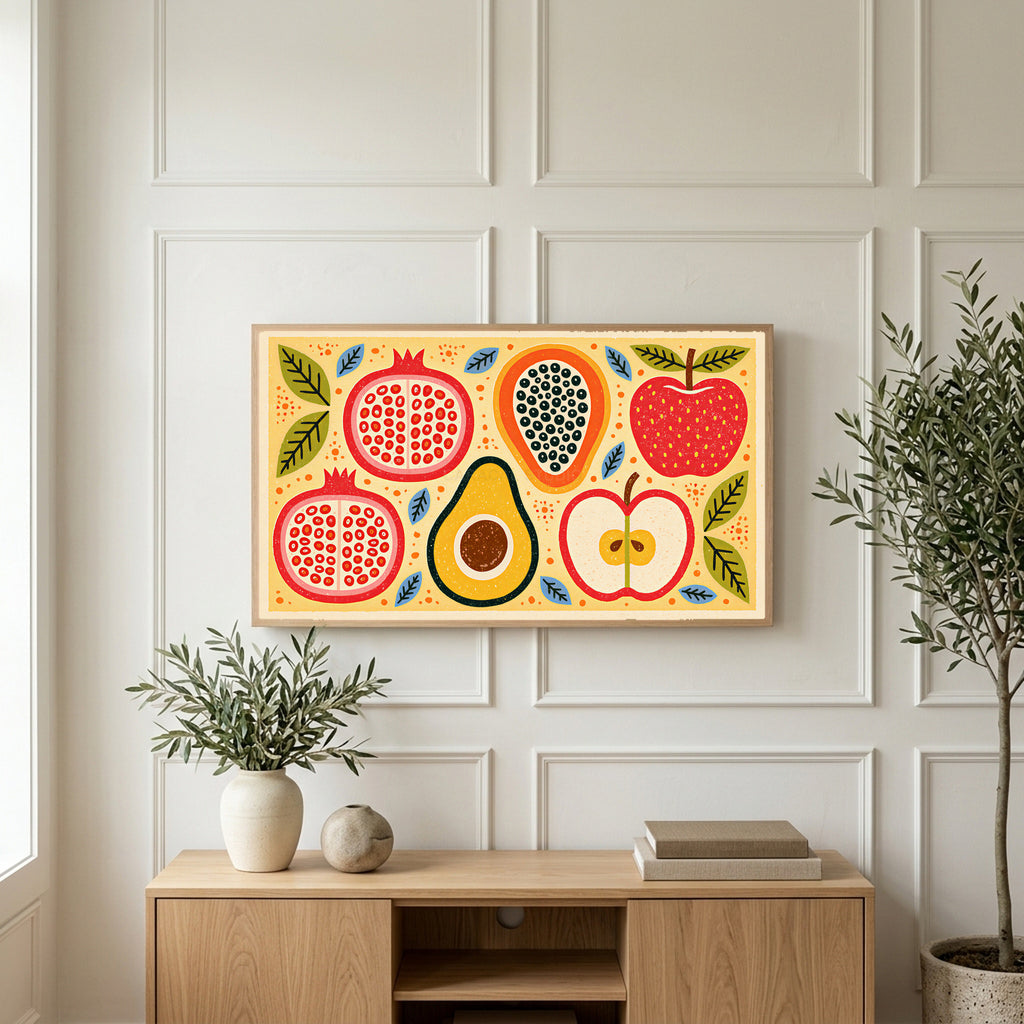 Colorful fruit halves art on a TV above a light oak sideboard with olive branches in a bright living room