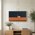 Lone cottage art on a TV above a light oak sideboard with olive branches in a bright living room