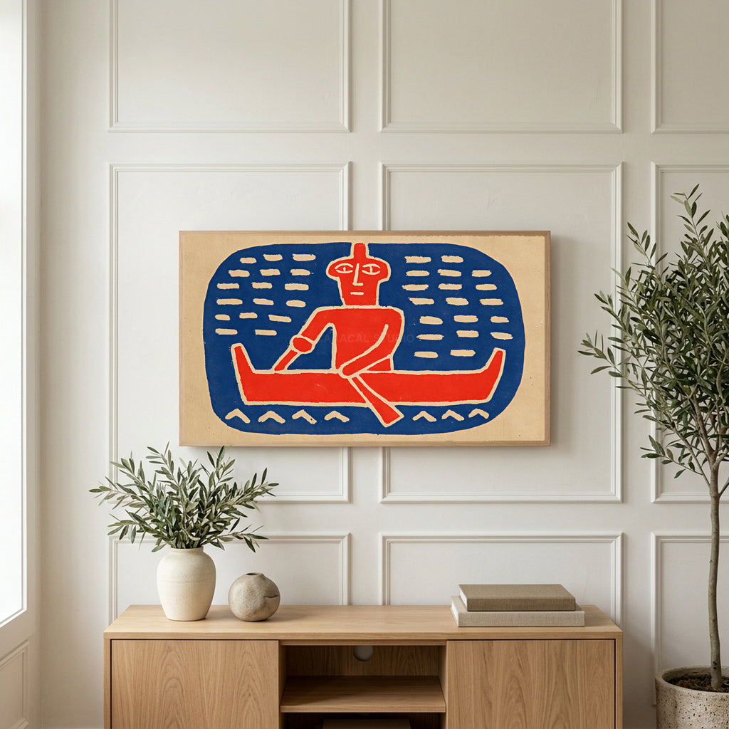 Folk art canoe paddler art on a TV above a light oak sideboard with olive branches in a bright living room
