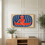 Folk art canoe paddler art on a TV above a light oak sideboard with olive branches in a bright living room
