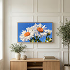 Daisy art on a TV above a light oak sideboard with olive branches in a bright living room
