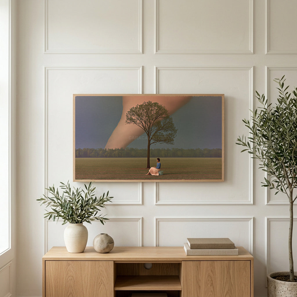 Storm field tree art on a TV above a light oak sideboard with olive branches in a bright living room