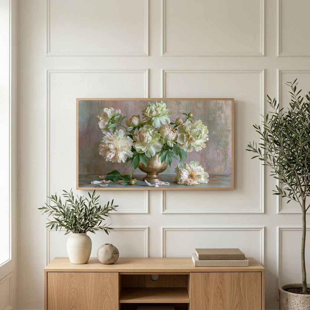 Peonies in a brass urn art on a TV above a light oak sideboard with olive branches in a bright living room