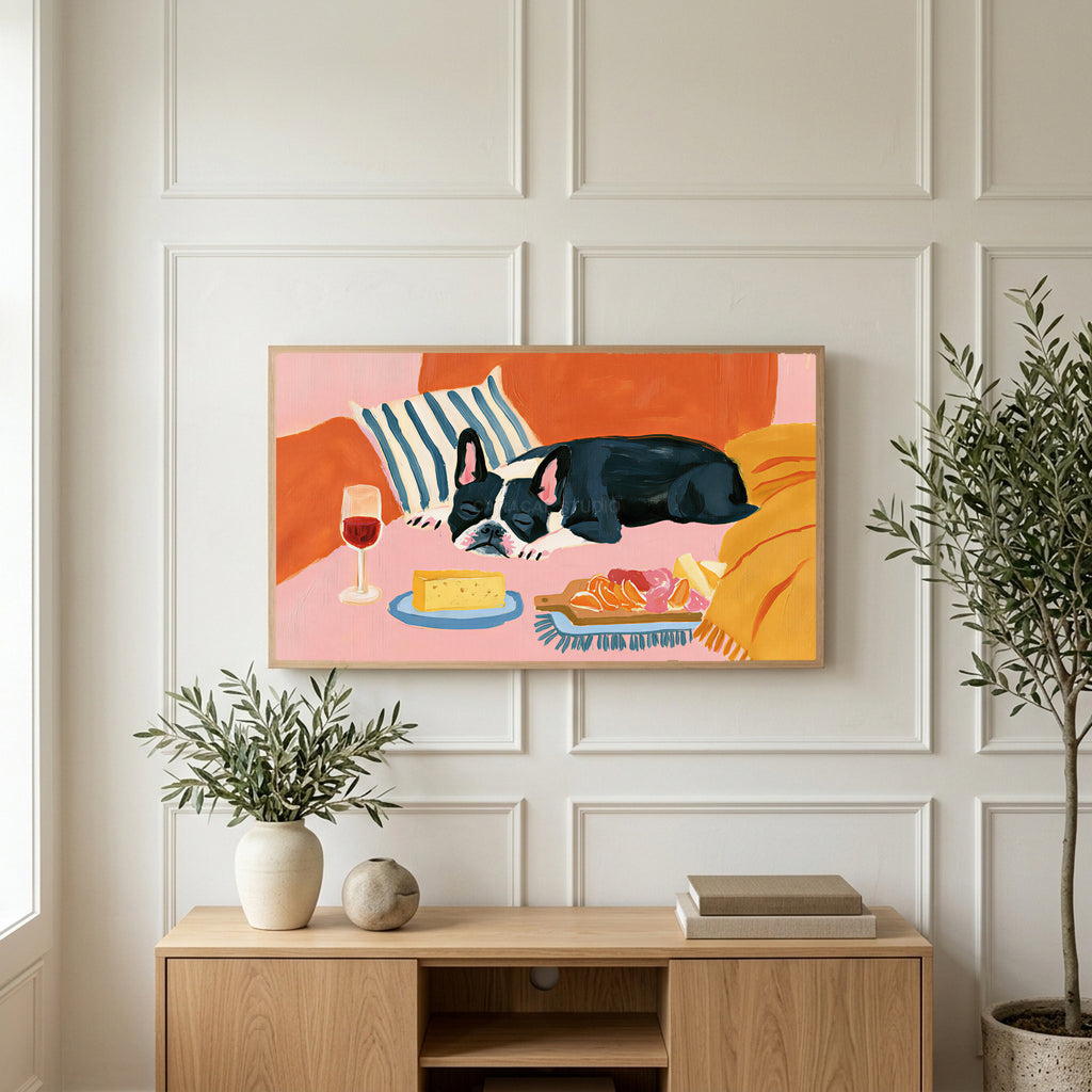 Sleeping French bulldog art on a TV above a light oak sideboard with olive branches in a bright living room
