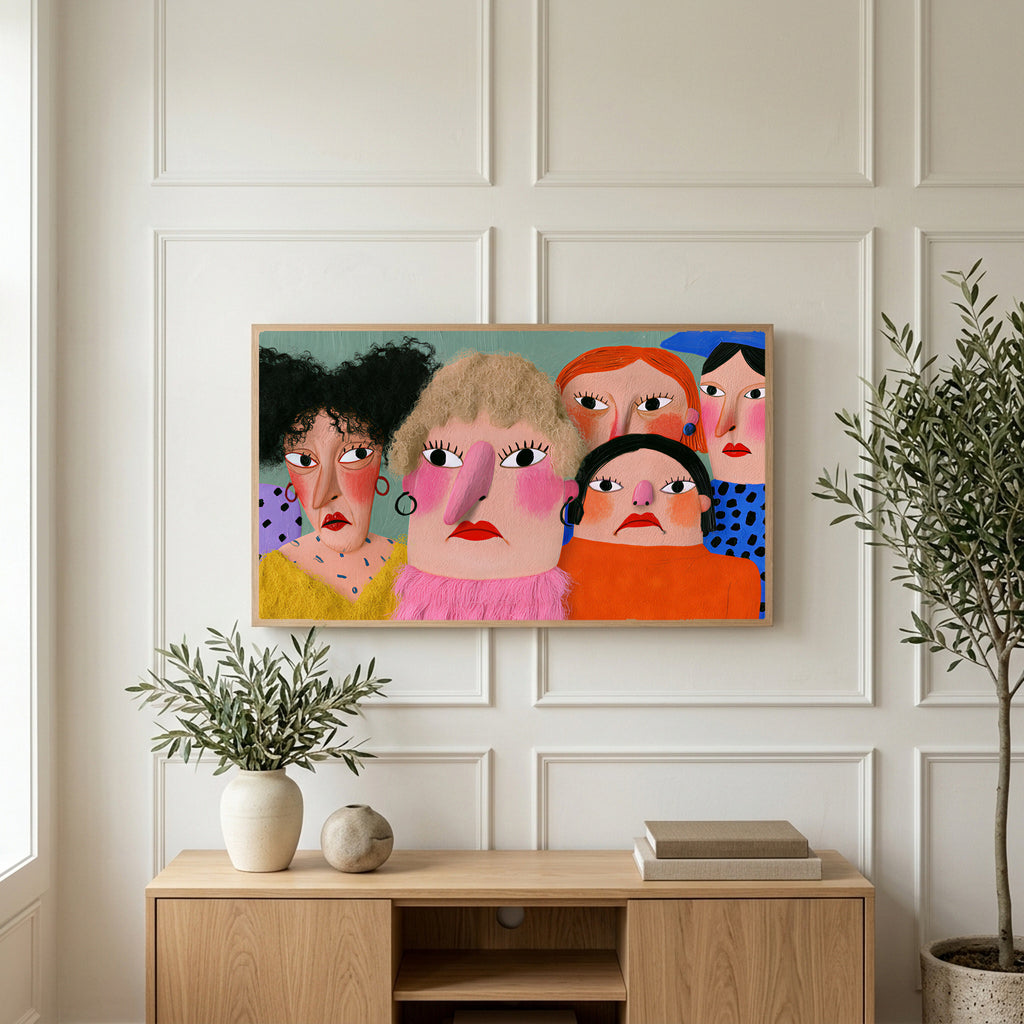 Funny faces portrait art on a TV above a light oak sideboard with olive branches in a bright living room