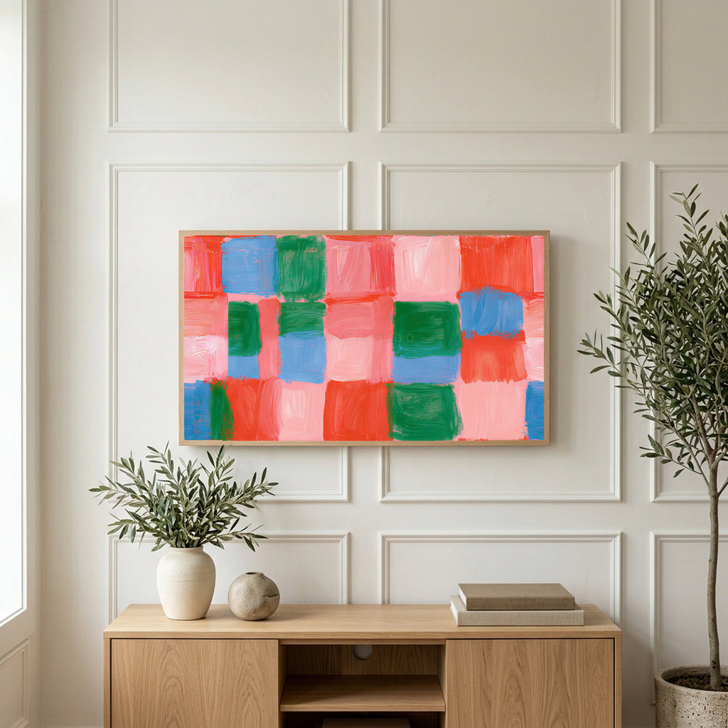 Painted checks art on a TV above a light oak sideboard with olive branches in a bright living room