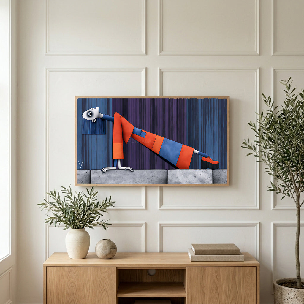 Surreal leaning woman art on a TV above a light oak sideboard with olive branches in a bright living room