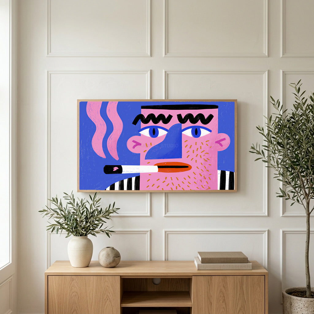 Pop art face art on a TV above a light oak sideboard with olive branches in a bright living room
