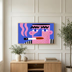 Pop art face art on a TV above a light oak sideboard with olive branches in a bright living room