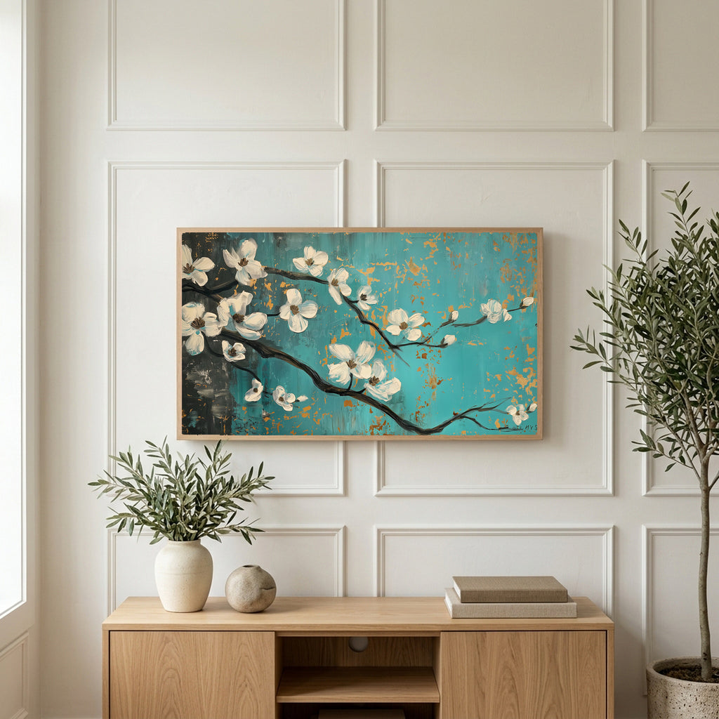 Dogwood blossom art on a TV above a light oak sideboard with olive branches in a bright living room