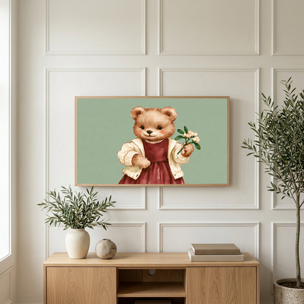 Teddy bear art on a TV above a light oak sideboard with olive branches in a bright living room