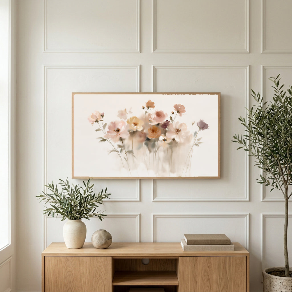 Soft wildflowers art on a TV above a light oak sideboard with olive branches in a bright living room