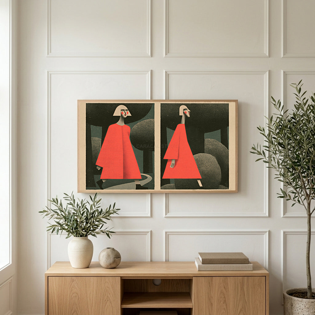 Surreal forest walk art on a TV above a light oak sideboard with olive branches in a bright living room