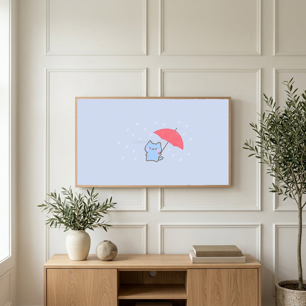 Umbrella kitten art on a TV above a light oak sideboard with olive branches in a bright living room