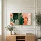 Green and copper strokes art on a TV above a light oak sideboard with olive branches in a bright living room