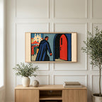 Woodcut monk art on a TV above a light oak sideboard with olive branches in a bright living room