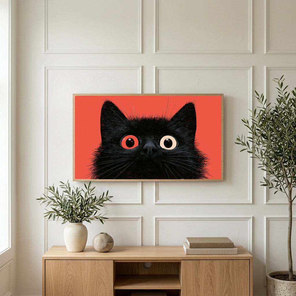Black cat with big eyes art on a TV above a light oak sideboard with olive branches in a bright living room