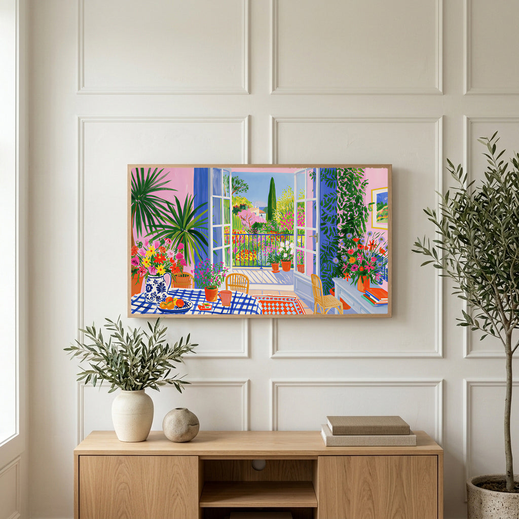 Mediterranean garden view art on a TV above a light oak sideboard with olive branches in a bright living room