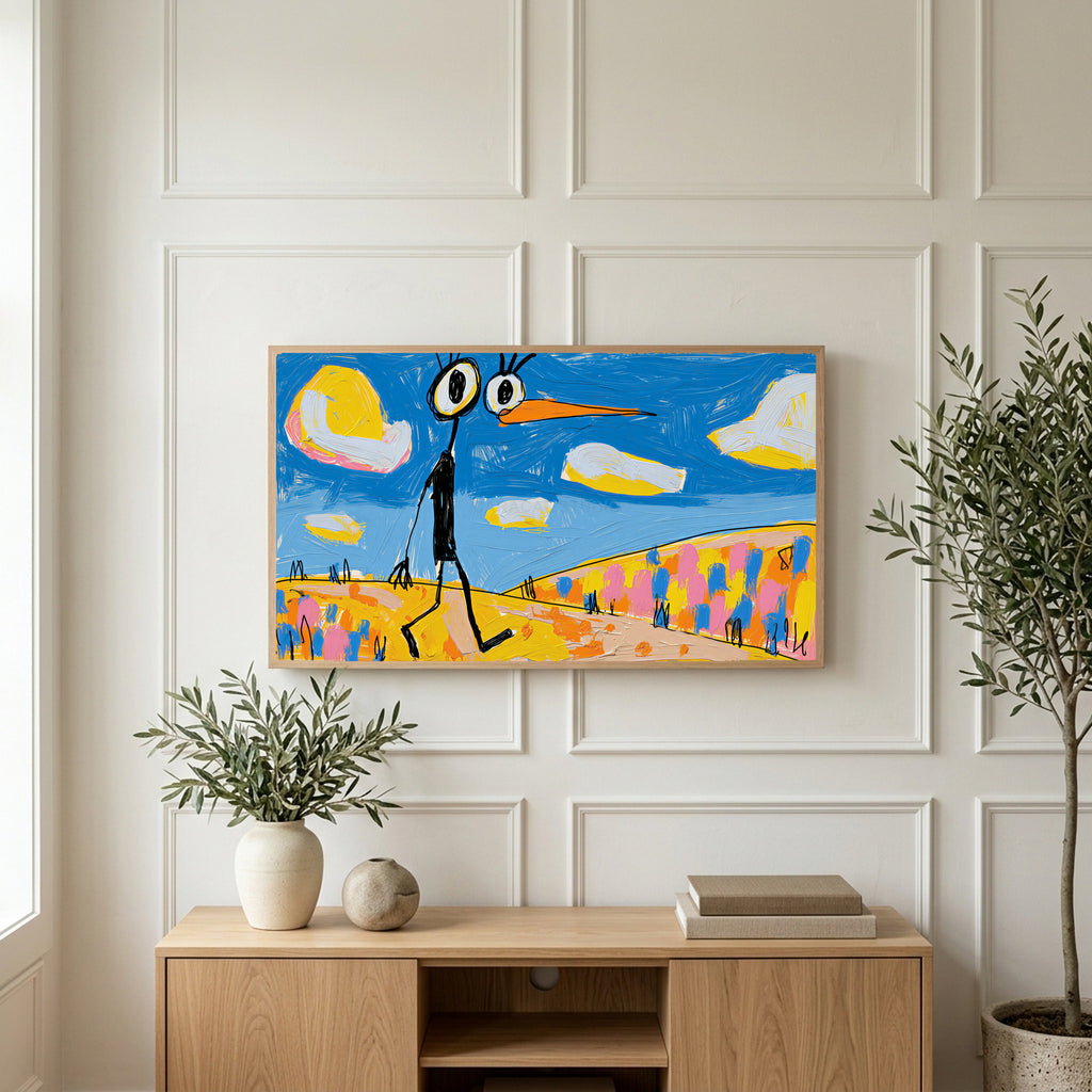 Funny alien bird art on a TV above a light oak sideboard with olive branches in a bright living room
