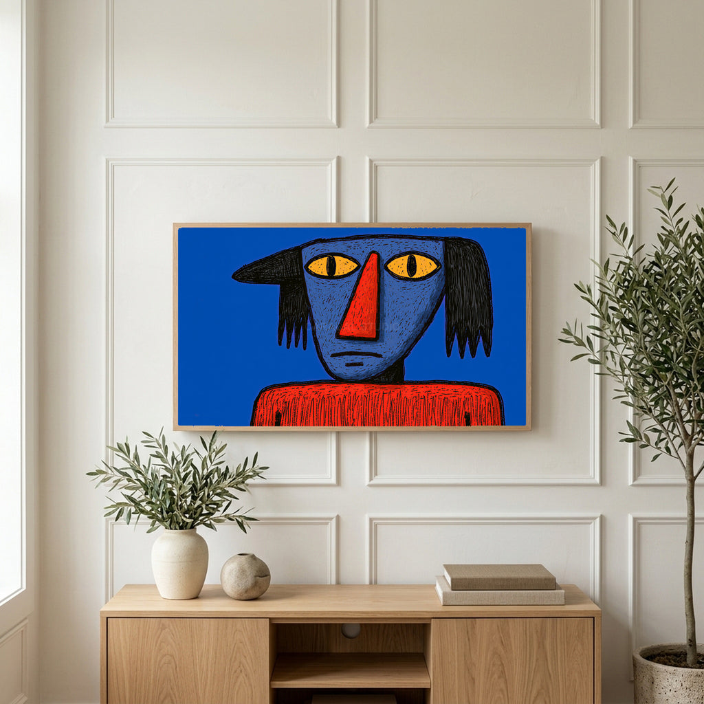 Grumpy naive portrait art on a TV above a light oak sideboard with olive branches in a bright living room