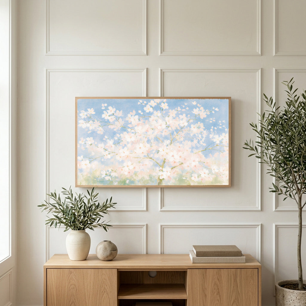 Cherry blossom tree art on a TV above a light oak sideboard with olive branches in a bright living room