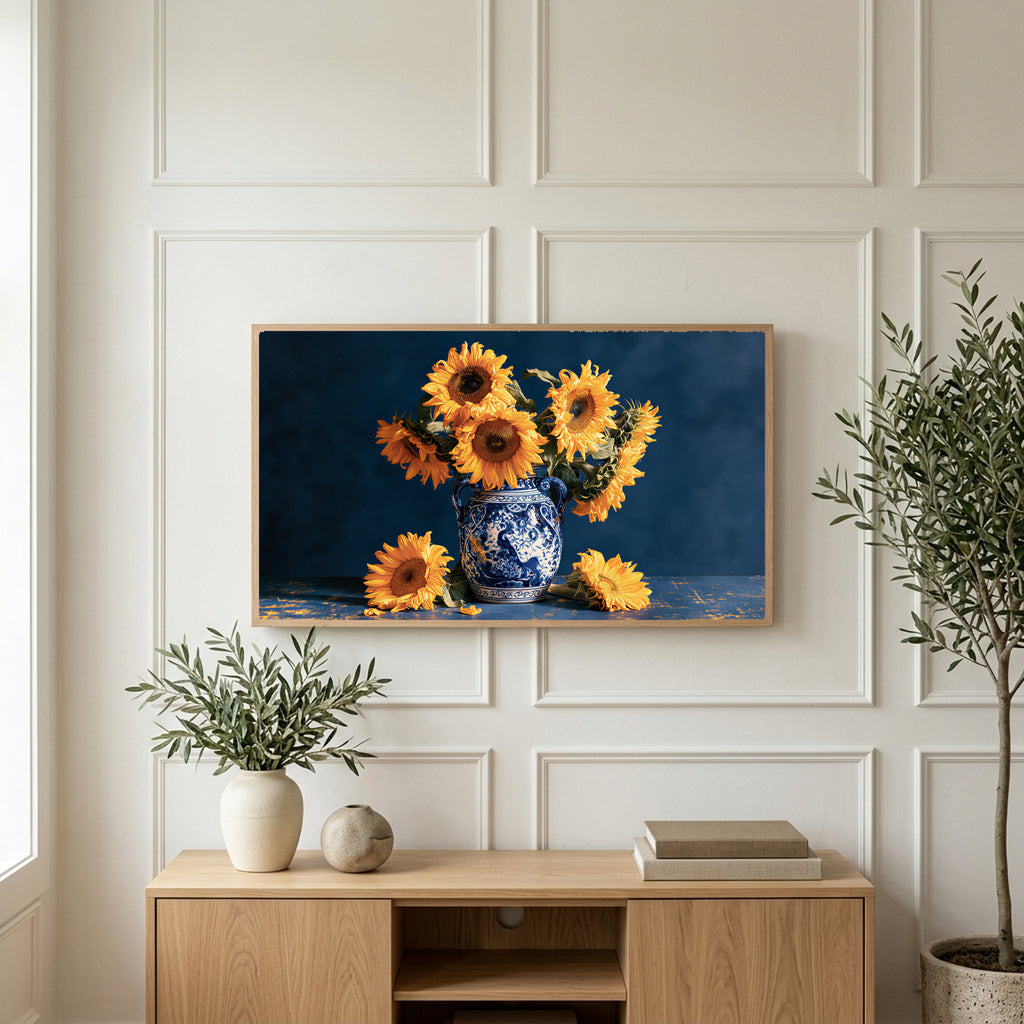 Sunflower still life art on a TV above a light oak sideboard with olive branches in a bright living room