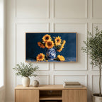 Sunflower still life art on a TV above a light oak sideboard with olive branches in a bright living room