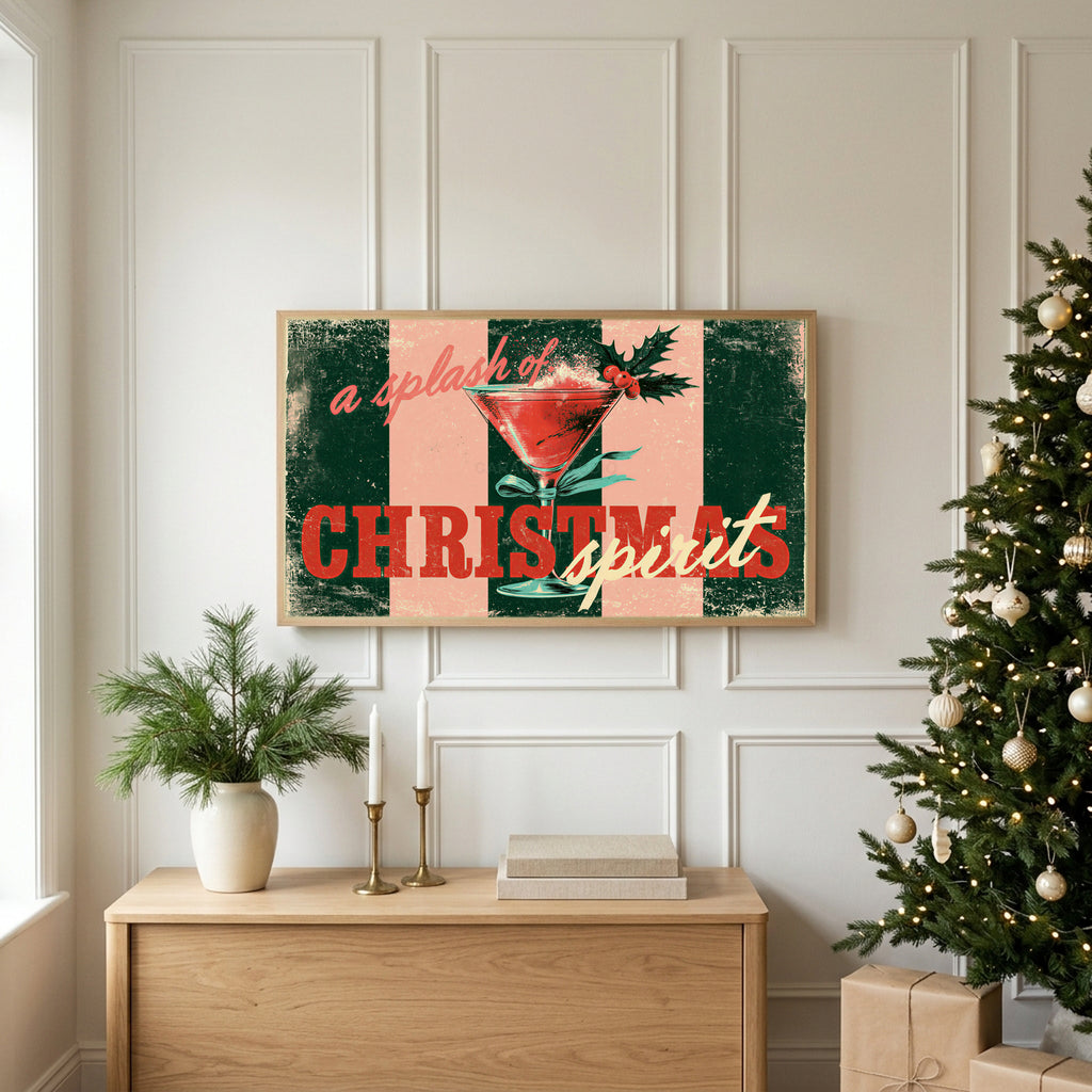 Christmas cocktail typography TV art above an oak sideboard next to a decorated Christmas tree